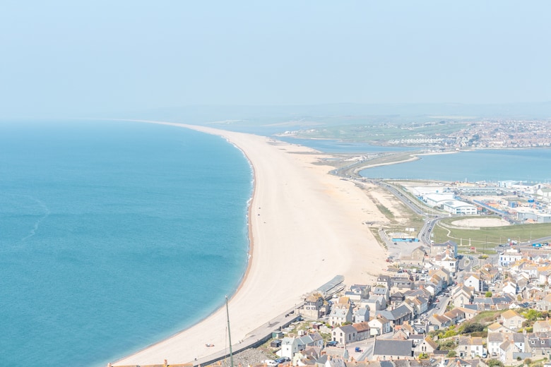 Aerial view of the Chesil Beach from the Isle of Portland - best beaches near Weymouth