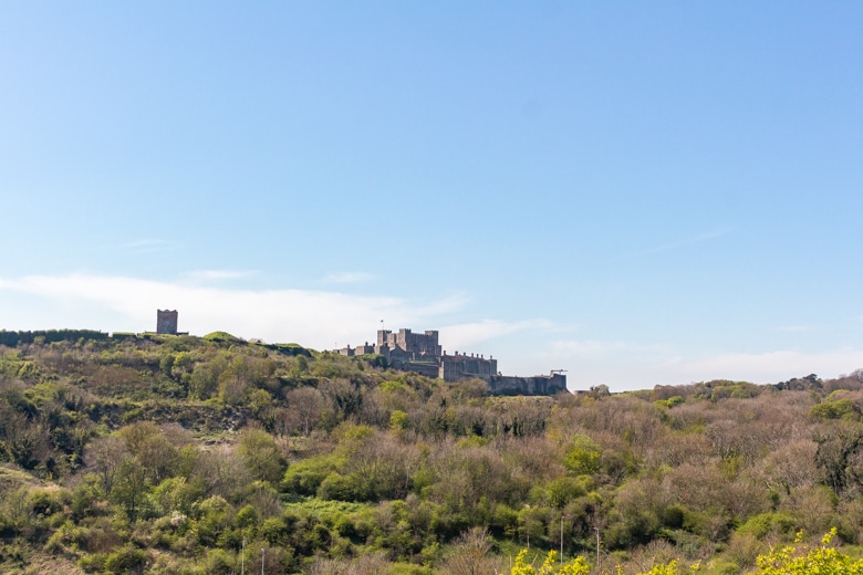 View of the Dover Castle from the top of the cliffs - walk from Dover to Deal