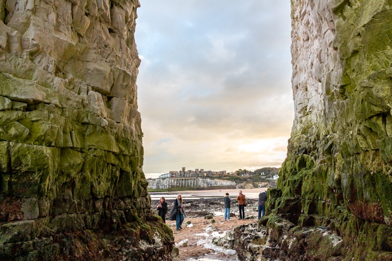 View of the Kingsgate Castle from between the chalk cliffs - walk from Ramsgate to Margate