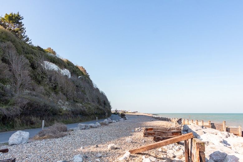 View of the stony Kingsdown Beach towards Walmer - walk from Dover to Deal